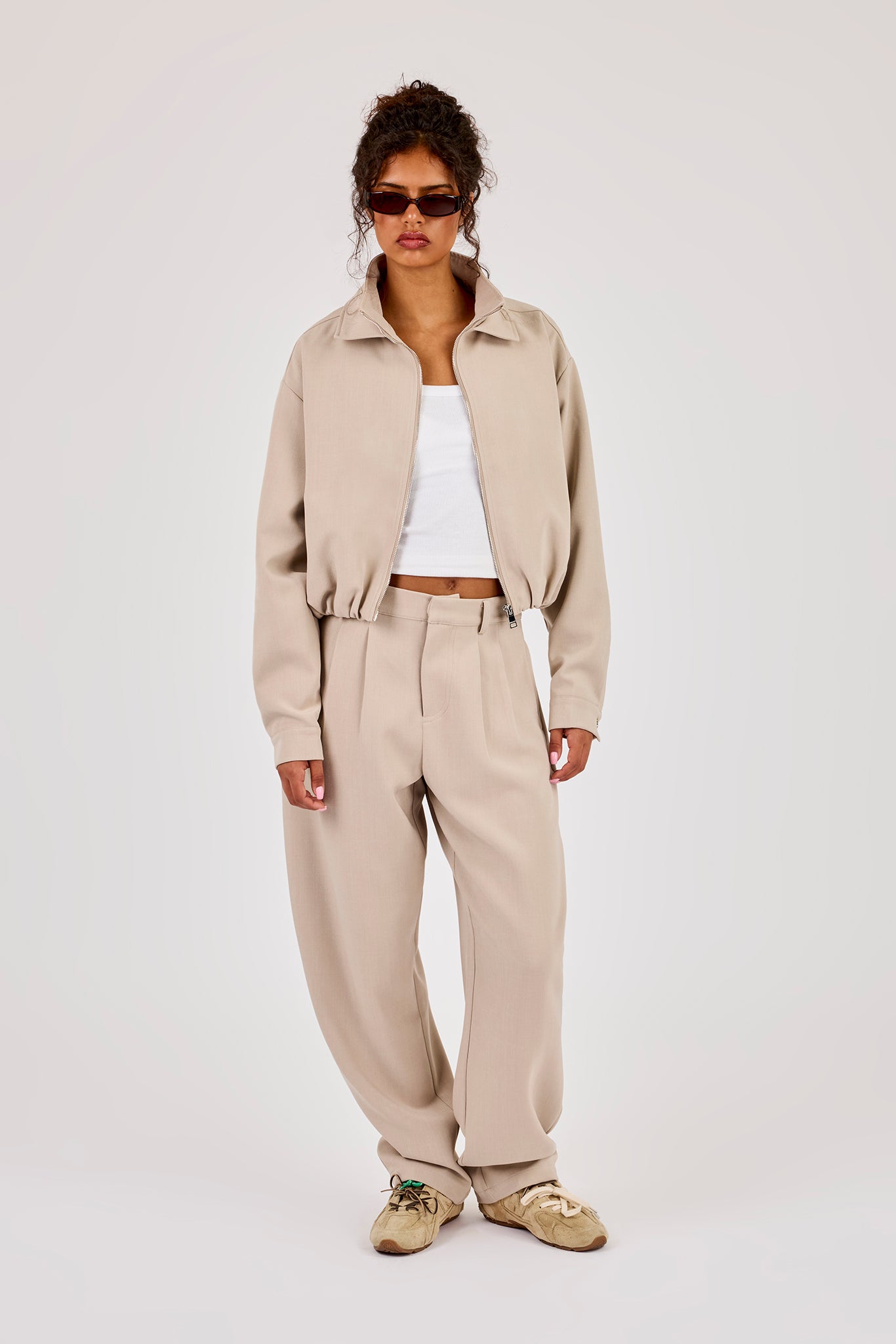 Woven Embroidered Jacket & Barrel Leg Trouser - Beige